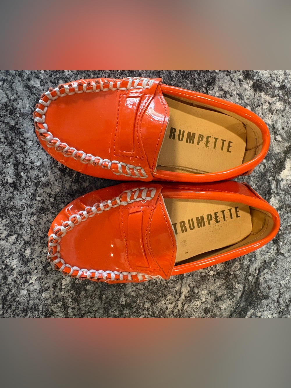 Trumpette Orange Patent Moccasins with White Braid Trim